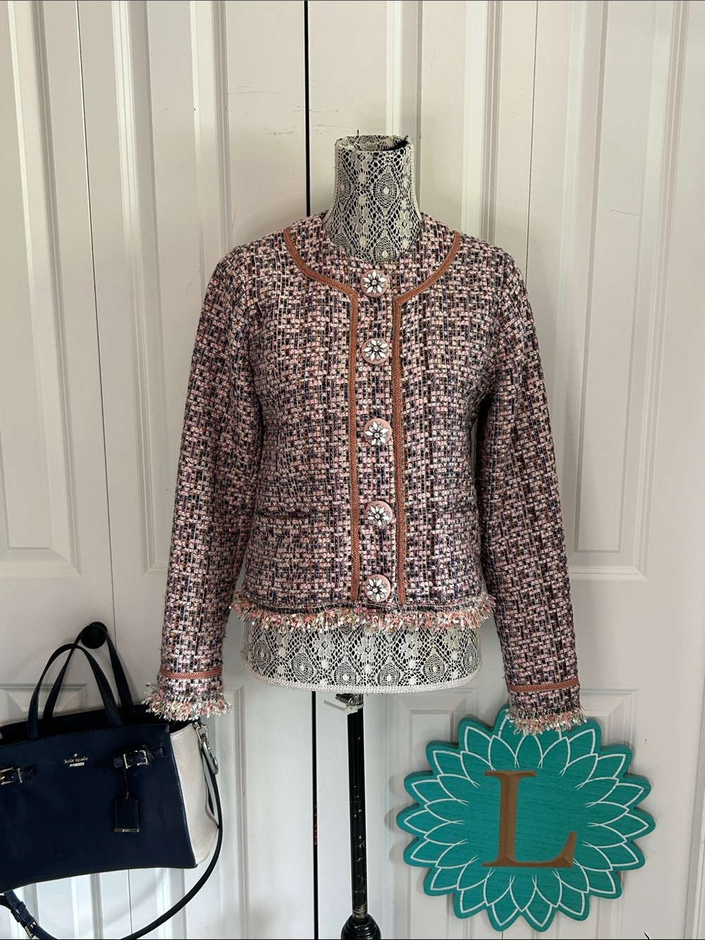 Women's Fabulous Esqualo Pink Tweed Fringe Jacket - Classic Collarless Design
